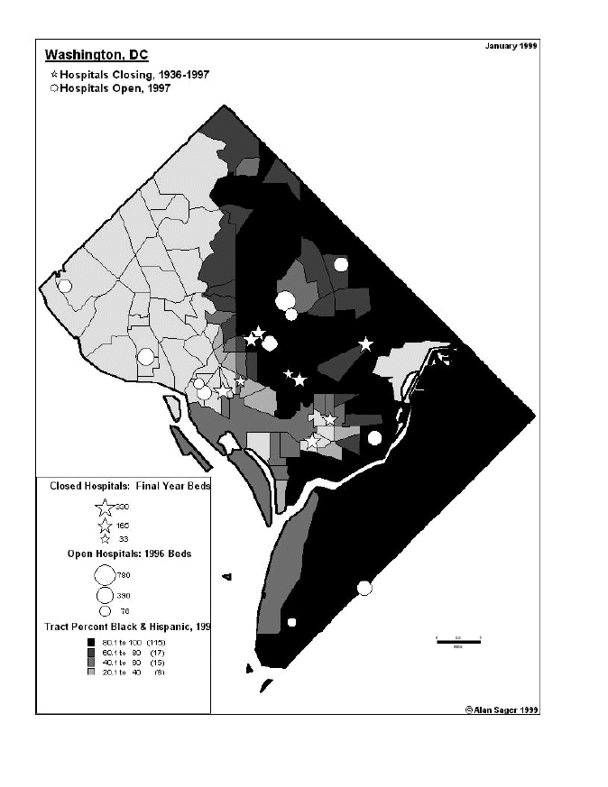 Map of hospitals closing and open, 1937-1999